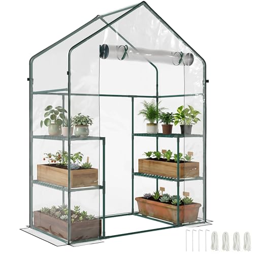 Outsunny Serre de Jardin avec étagère 4 Niveaux 142 x 73 x 195 cm Plastique Haute densité 140 g/m² Anti-UV avec Porte déroulante Transparent Vert