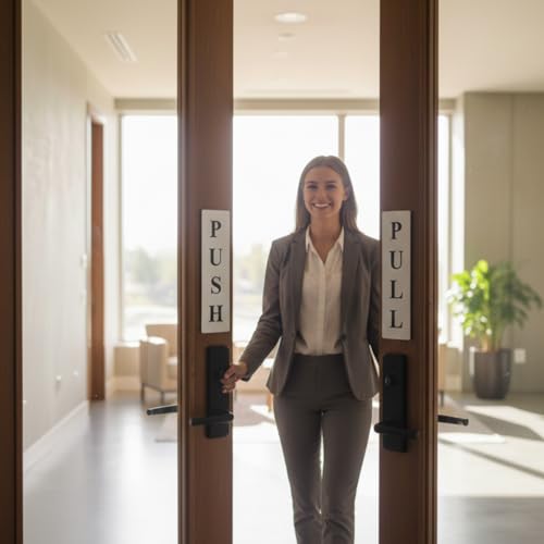 Image of Push Pull Sign Board for Office & Shop Doors | Self Adhesive Stainless Steel Metal Sticker for Glass & Wooden Door | Push /Pull Door Sign for Hospital, Mall & Office | 2 Set Pack (4 Pcs)