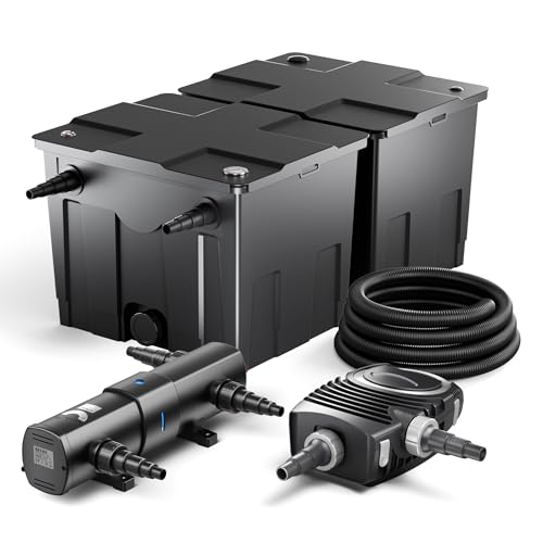 Wiltec Komplettset: CBF-350B Teichfilter bis 60000 L Teichfilteranlage als Durchlauffilter, NEO10000 SuperECO Teichpumpe 10000l/h 80W, CUV-236 Teichklärer UVC Klärer mit 36W, 25m Teichschlauch 25 mm