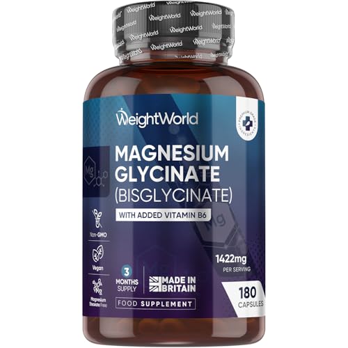 WeightWorld Magnesium Glycinate 1422mg | with Added Vitamin B6 | 180 Vegan Capsules | 3 Months Supply | Non-GMO & GMP- Approved Magnesium Supplements for Men & Women | Made in The UK