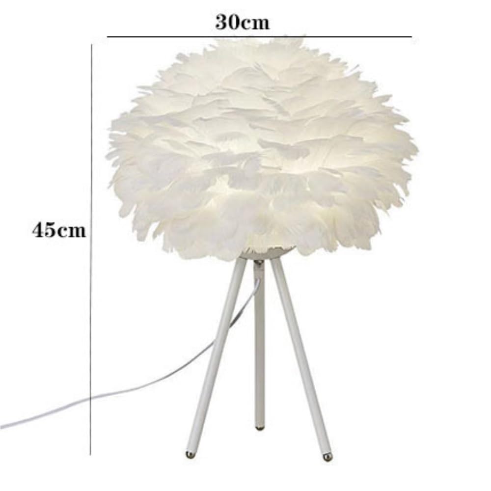 Lampada da tavolo con piume, luce decorativa nordica | Paralume in piuma, dimmerabile, base treppiede in metallo, stile nordico, luce ambientale(White)