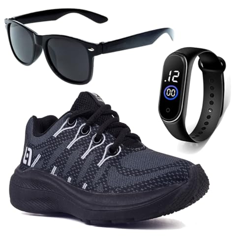 Tenis Infantil De Amarrar Meninos Leve Desenhos LIGHT + Oculos Relogio (26, Preto)