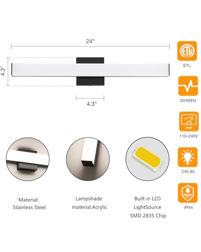 Image of Bathroom Vanity Light Brushed Nickel Square LED 24 inch 14W 4000K Natural White Light Wall Bar Lighting Fixtures Over Mirror (Matte Black, 24inch 4000K Dimmable)