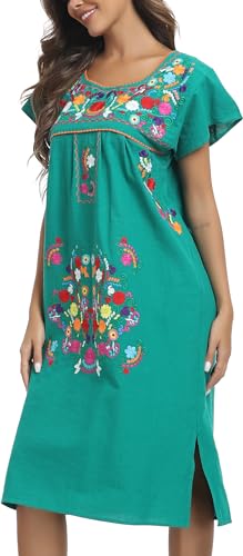 Image of YZXDORWJ Women Mexican Embroidered Long Dress Ruffle Collar Maxi Boho Floral Summer Short Sleeve
