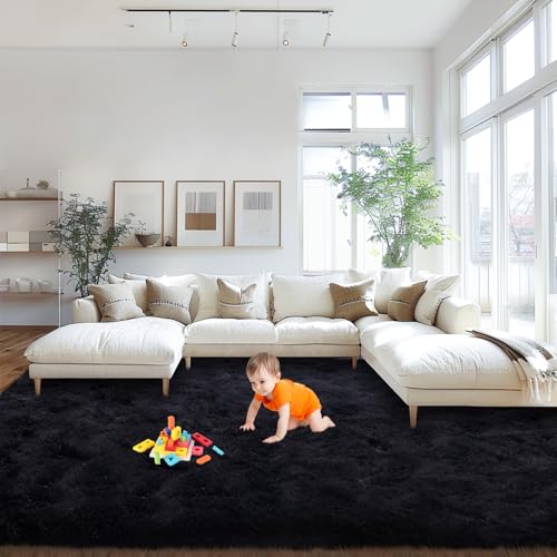 Black Area Rugs 9x12 Living Room, Large Fluffy Rugs for Bedroom, Soft Carpet Shag Kids Room Rug, Non-Slip Fuzzy Rugs Indoor (9ft x 12ft, Black)