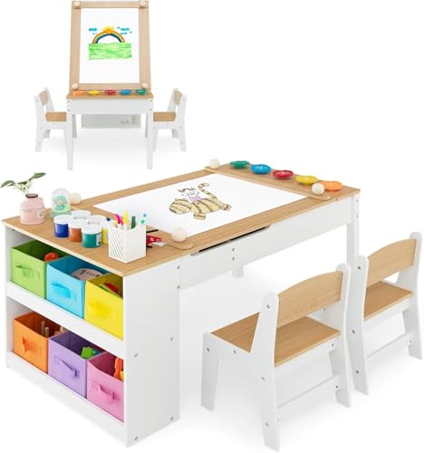 FANTASK 3 in 1 Kindertisch mit 2 Stühlen, Holztisch & Staffelei mit Abnehmbarer Tischplatte mit Farbbechern, 6 Stoffbehältern & Papierrolle in Natur