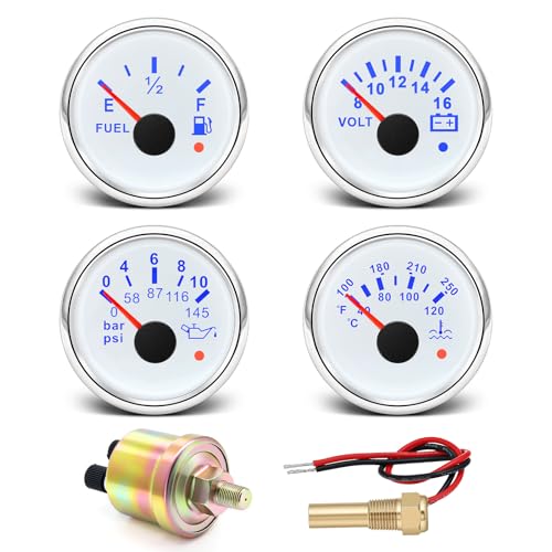 MH 4 Gauges Set - 2-1/16 Oil Pressure Gauge Fuel Level Water Temperature Voltmeter 7 Color Backlight Boat Gauge Set Alarm Marine AUTO Gauges Kit with Sensor (White)
