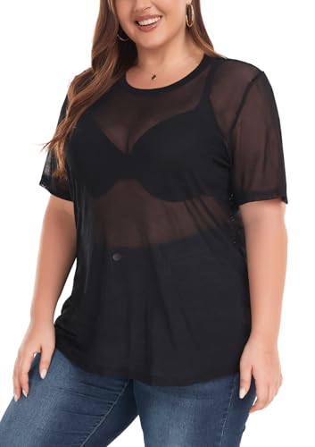 Women's Plus Size Glitter Sheer Mesh Short Sleeve Tee Shirt Top4