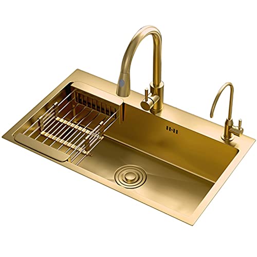 キッチンシンク 浄水器蛇口付き 厚さ3.0mm センターアイランドバーサイズ シングル 排水溝付き、ゴールド-60 x 45 x 21cm