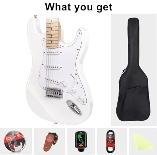 Image of Electric Guitar Beginner Kits, 6 Strings 39 Inch Solid Body Guitarra Electricar Set for Adults With Gig Bag, Strap, Tremolo Arm, Cable & Picks MS100 (White)