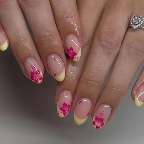 French Press on Nails Short Oval Fake Nails with Designs French Tip Nails Red Hawaii Flower Pattern Summer Flower Nails Almond Shape Acrylic False Nails Tip Reusable Stick on Nails for Women 24PCS