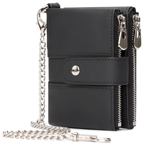 Mens Wallet with Chain, Genuine Leather Wallet RFID Blocking Bifold Purse Zipper Coin Pocket with Anti-Theft Chain