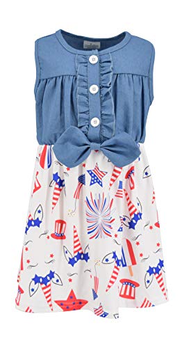 Image of Unique Baby Girls Sleeveless Denim Dress with Knot Tie and Fun Print for Toddler and Big Kids