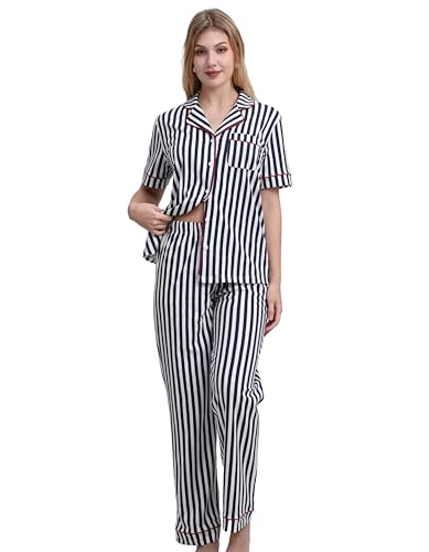 Image of NAP BOUND 100% Cotton Women's Pajama Sets Short Sleeve Button Down Soft Pjs 2 Piece Lounge Set with Pocket Nightwear XS-XXL