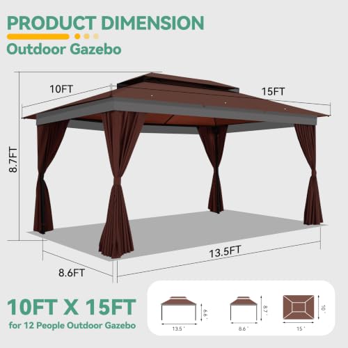 Image of COBIZI 10x15 Outdoor Patio Gazebo with Privacy Curtains, Brown