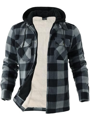 Facitisu Hoodies for Men Sherpa Lined Heavyweight Flannel Jackets Fleece Plaid Winter Warm Coats