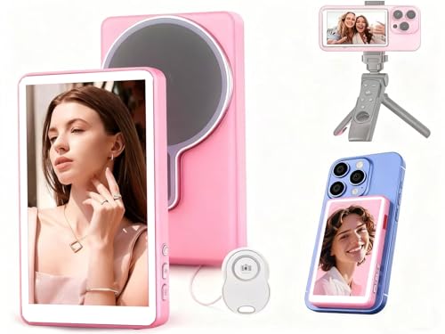 Selfie Monitor Screen for iPhone/Android,Magnetic Phone Vlog Selfie Screen with 1800mAh Battery&Bluetooth Remote,Wireless Back Camera Monitor for Live Streaming/TikTok (Rose Pink)