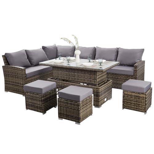 Nustone L-Shaped Corner Rattan Garden Furniture Lounge Dining Set for Seating 8 People With Sofa, 3 Stools With Luxury Cushions and Large Adjustable Dining Table, for Patios & Terraces - In Grey