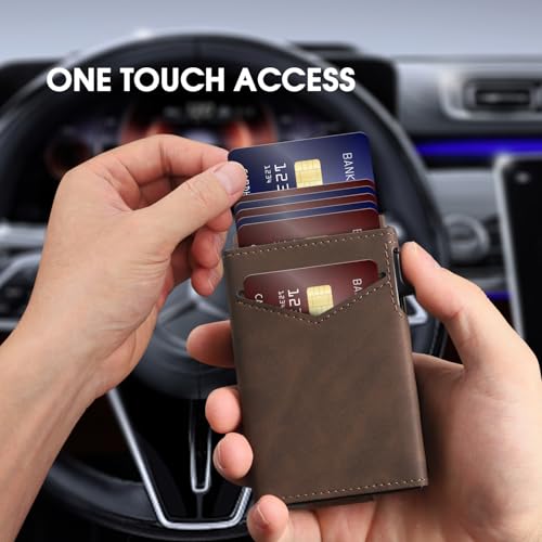 Wallet for Men RFID Blocking Card Holder, Genuine Leather Slim Pop up Card Case, Minimaslit, Front Pocket, 9-13 Card Capacity, ID Window, Money Clip(Coffee)4
