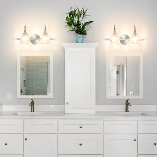 Image of Vintage Vanity Light Fixtures for Bathroom, 2 Light Brushed Nickel Vanity Lighting Over Mirror, Bathroom Light Fixtures with Flower Clear Glass, Farmhouse Sconces Wall Lighting for Hallway