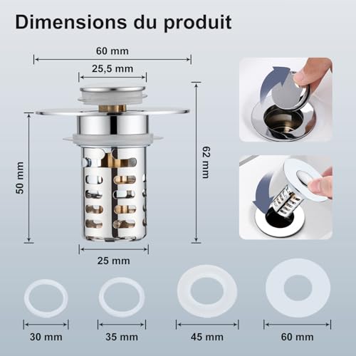 Filtre de vidange Pop-up en laiton chromé et acier robuste - 6