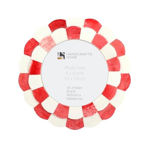 Handicrafts Home Photo Picture Frame - 4" x 4", Round Handmade Gift Photo Frames - Red & White Cover