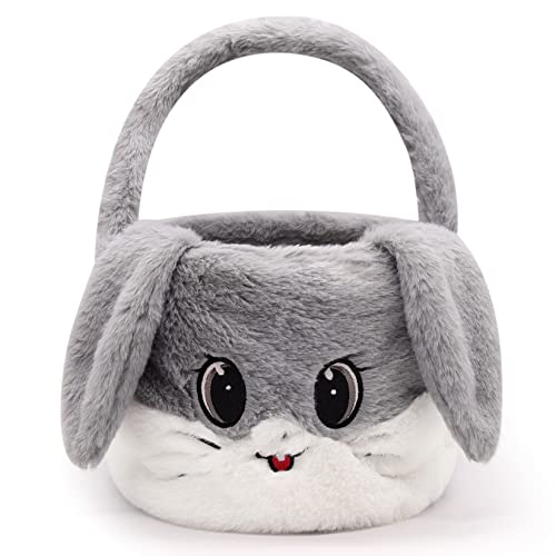 Hagusahuo Easter Basket for Kids, Gray, Plush, Round, Cute Modern Rabbit-Shaped with Handle, Perfect for Easter Egg Hunting, Storage, and Decoration
