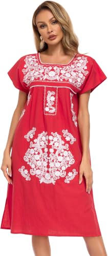 Image of YZXDORWJ Women Mexican Embroidered Long Dress Ruffle Collar Maxi Boho Floral Summer Short Sleeve