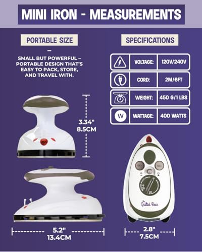 The Quilted Bear Premium Mini Steam Iron - Lightweight Mini Travel Iron for Effortless Quilting & Wrinkle-Free Clothes with Carry Case & Iron Rest Set - Travel Steamer for Clothes & Crafts (Black)