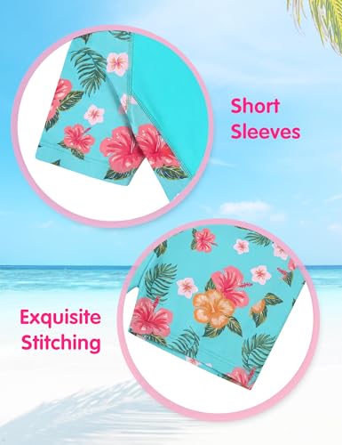 Image of Girls Swimsuit Colorful Short Sleeve Bathing Suits UPF 50+ Rash Guard Set Two Piece Summer Swimwear
