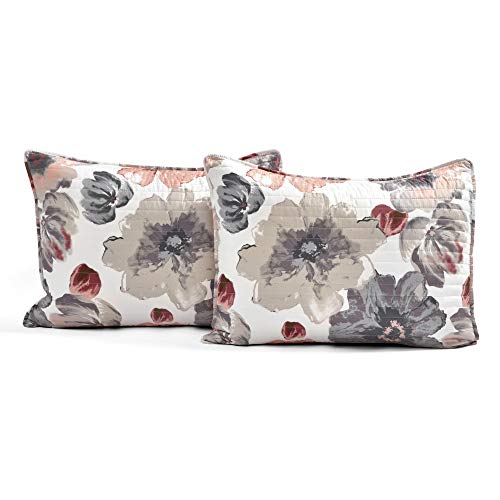 Image of Lush Decor Leah Reversible Floral Quilt Set, 3 Piece Set, Full /Queen, Coral & Gray - Watercolor Botanical - Cottage Core - French Country Decor- Bedding Queen Size