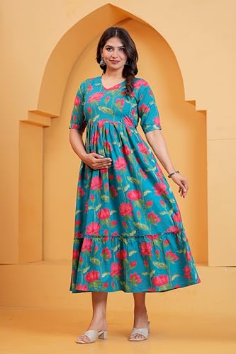 Image of THE Moon Star Women's Cotton Floral Printed Anarkali Maternity Feeding Kurti | Breastfeeding Dress for Mothers | Zipper Feeding Kurti, Nursing Kurti, Comfortable and Trendy Maternity Wear