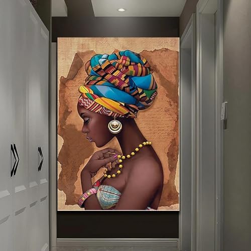 Impression HD tableau femme africaine toile de maître encadrée noir 70x98 cm
