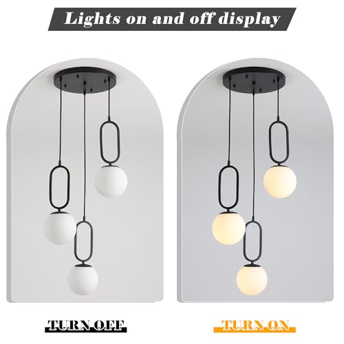 Image of 3-Light Mid Century Modern Pendant Lights Fixture with White Glass Globe Shade Vintage Black Hanging Light Retro Industrial Pendant Light for Bedroom Living Dining Room