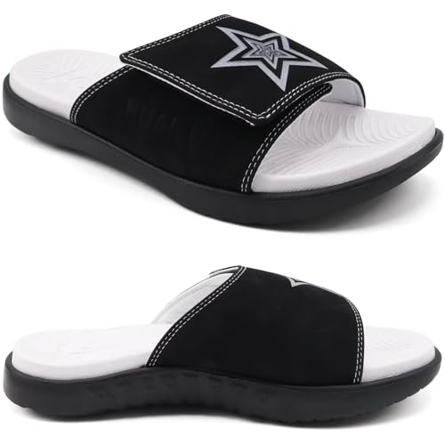 Image of KuaiLu Mens Athletic Slides Wide Adjustable Arch Support Sport Sandals | Soft Cushioned Open Toe Summer Slippers for Plantar Fasciitis Slip On House Shoes Indoor Outdoor