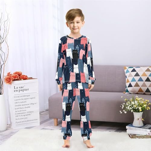 Cute Cats Pattern Print Soft Pajama Set for All Seasons,Breathable Pjs Long Sleeve Sleepwear,Comfy Loungewear 2 Piece Underwear Set 3T4