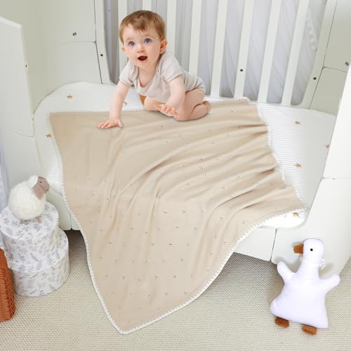 Image of Baby Blanket Knit Ultra Soft Swaddle Receiving Blankets for Boys & Girls Cotton Knitted Newborn Infant Toddler Nursery Crib 30 x 40 Inch