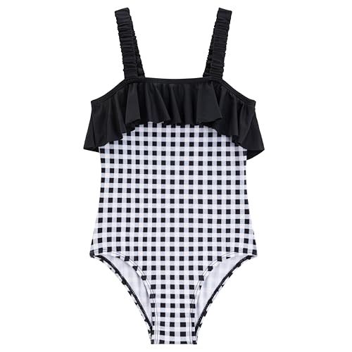 LIZENS Girls One Piece Off Shoulder Black Ruffle Swimwear Bathing Suit for Kids