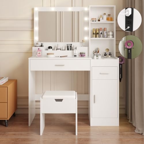 HAIOOU Vanity Desk with Mirror and Lights, White Makeup Vanity with Charging Station, Modern Dressing Table Chair Set with 2 Storage Drawers, 3 Lighting Modes Adjustable Brightness for Bedroom