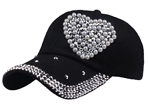 Shiny Baseball Cap For Women Pearl Loving Heart Sun Hat Adjustable Comfy Fashion Skull Cap Bling Rhinestone Outdoor #TOP19