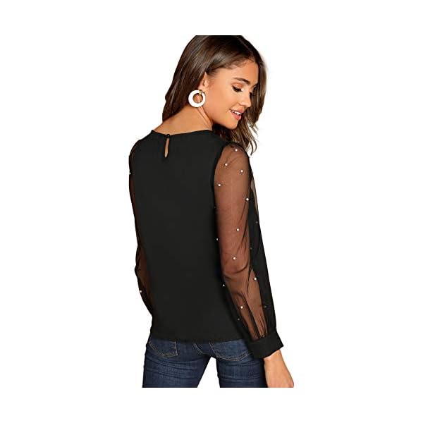 Floerns Women's Pearl Mesh Sheer Long Sleeve Blouse Shirts Tops Black M