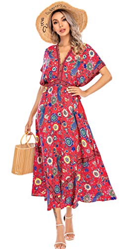 R.Vivimos Women's Summer Boho Print Sexy Deep V Neck Backless Bat Sleeve Midi Dress Vocation Dress (XL, Red) Cover