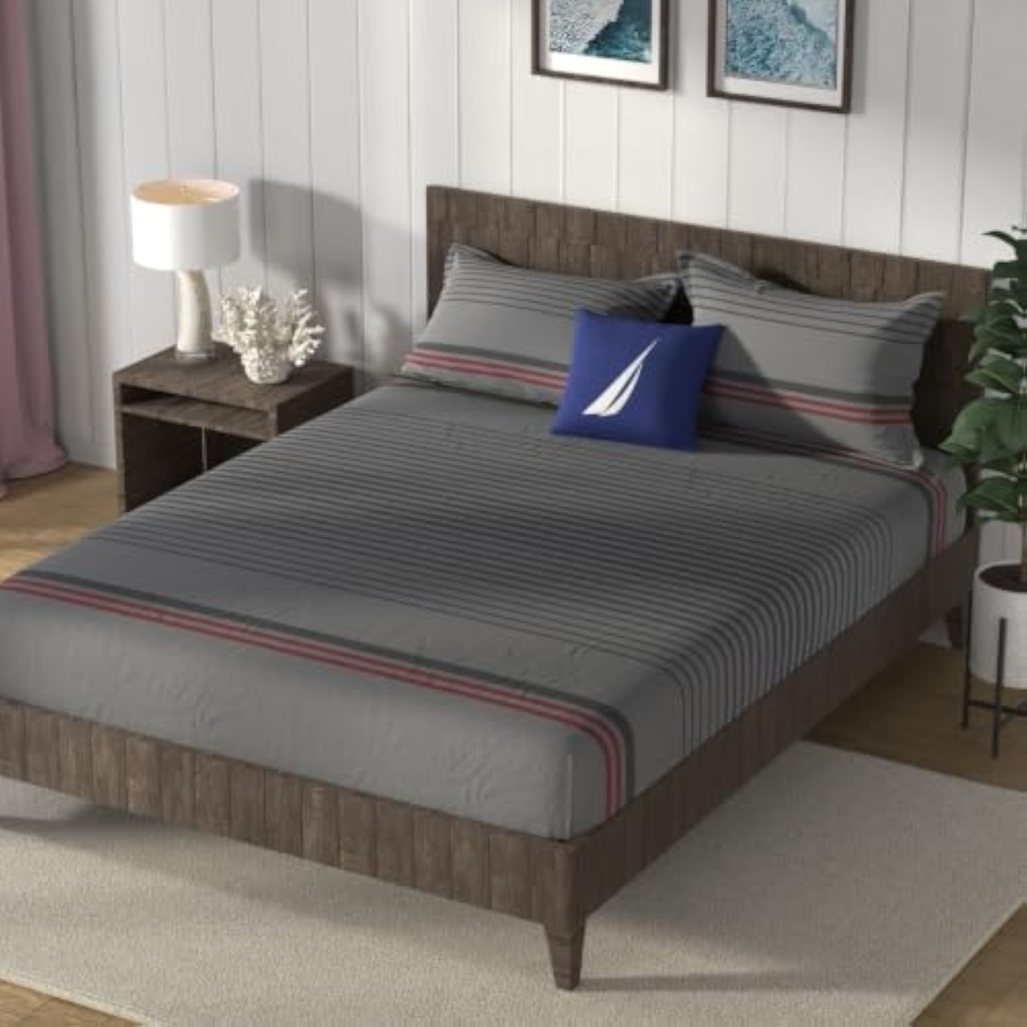 Cotton King Bedsheet with 2 Pillow Covers, Grey/Maroon