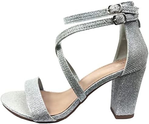 Over the Toe Strap Ankle Wrap Strap Heel Open Toe Block Heel Criss Cross Low, Silver, 8 | Image 1
