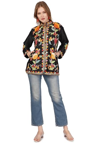 BATIN Short Kashmiri Embroidery Silk Jacket, Kashmiri Jacket for Women, Floral Embroidered Coat, Multicolour Short Coat