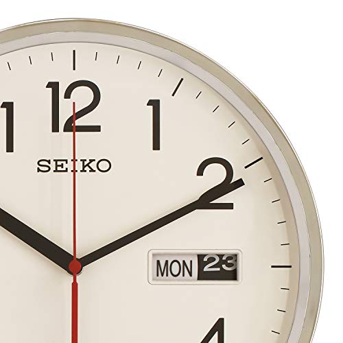 Image of Seiko Unique Round Silver Plastic Analog English Numbers Day /Date Home Decor Wall Clock (Size: 30.3 x 6.4 x 30.3 CM | Weight: 990 gram | Color: Silver)