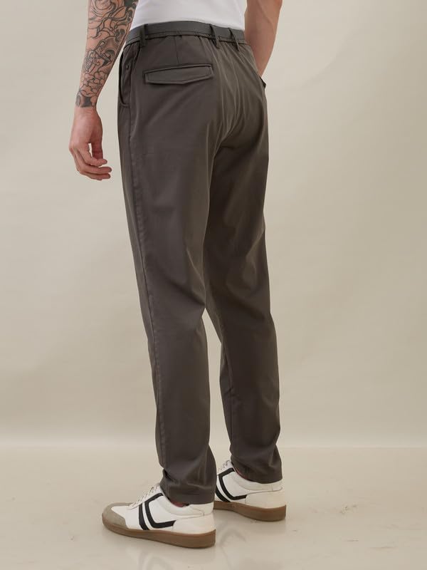Image of Nostrum Men's Smart-Casual Tapered Trousers for Men, Charcoal, Cotton Corduroy, Mid Rise, Regular Slim Fit with Adjustable Belt, Side and Back Pockets, Casual Wea