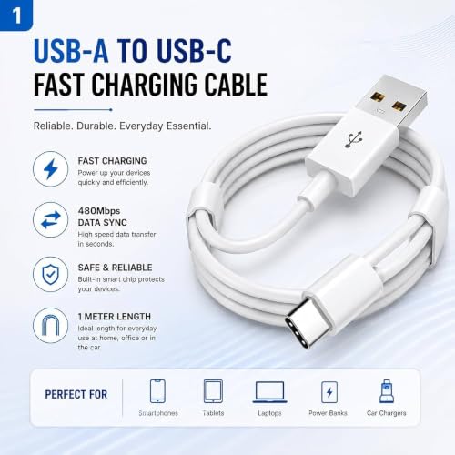 Image of USB Type C Cable | Type A to Type C Fast Charging & Data Sync Cable | White USB C Cable for Android Smartphones | Tablets, Power Banks, Chargers & USB Devices