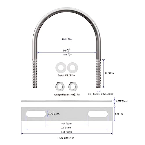Image of 2 Sets 304 Stainless Steel Round Bend U-Bolts 0.98 inch(25mm) Inner Width 2.2 inch(56mm) Length M10 with Nuts, Frame Plate, Washers, Accessories for Boat Trailer Axle Sailboat Trailer