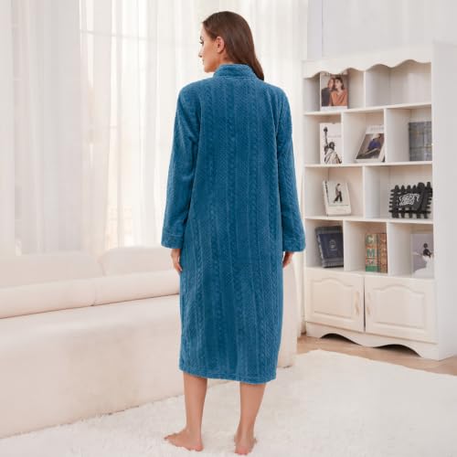 Image of LYCY Women Plush Zipper Robe Long Warm Fleece House Coat Nightgown | Comfy Solid Bathrobe with Pockets, Anti-Static Design Robes, Relaxed Fit for Every Body